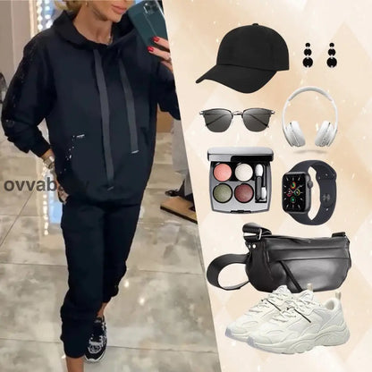 🌸Frühjahrsangebote💐✨Zweiteiliges Set mit Kapuzenoberteil und Hose mit Kordelzug für Frauen Zweiteilige Sets