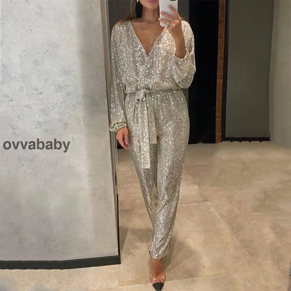 🌟Glitzernde Damen Jumpsuits mit V-Ausschnitt und Gürtel Helles Gold / S Zweiteilige Sets