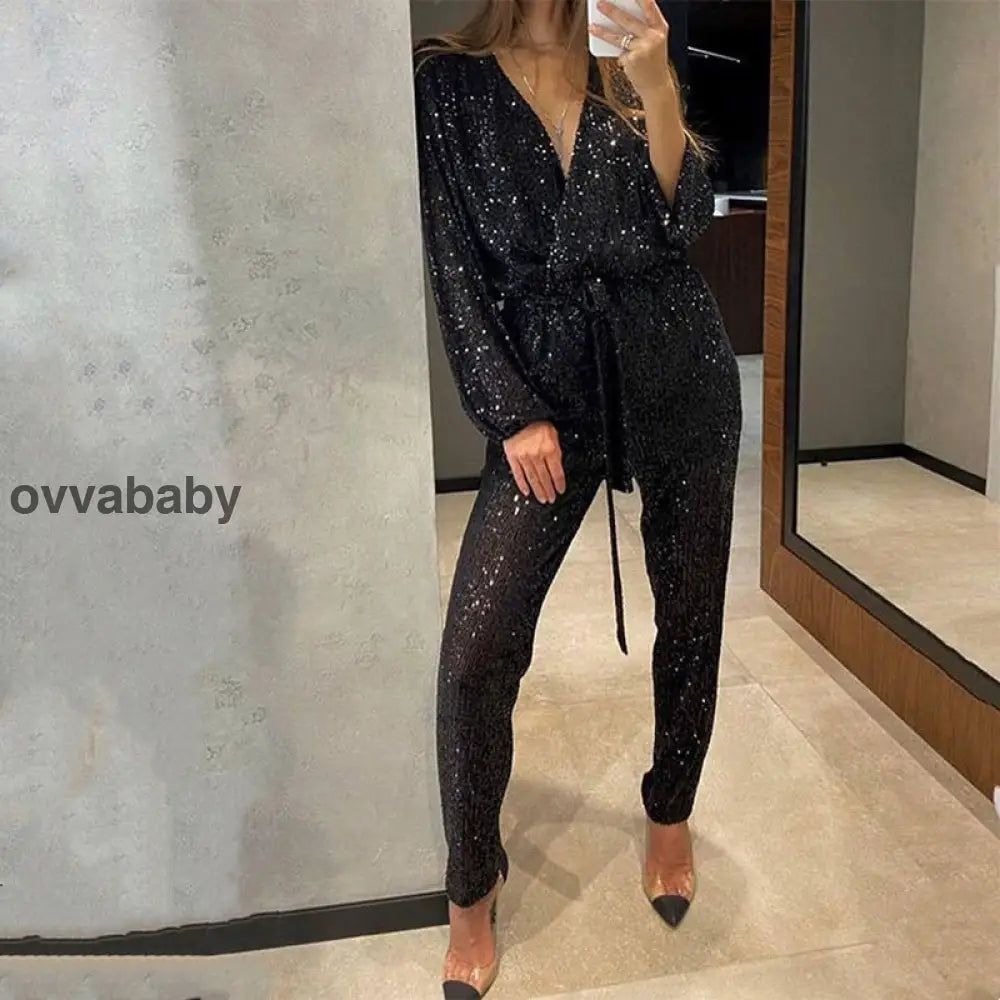 🌟Glitzernde Damen Jumpsuits mit V-Ausschnitt und Gürtel Schwarz / S Zweiteilige Sets