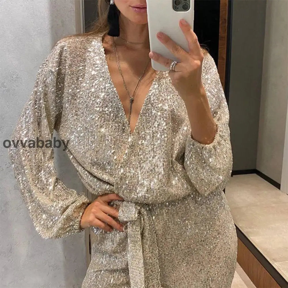 🌟Glitzernde Damen Jumpsuits mit V-Ausschnitt und Gürtel Zweiteilige Sets