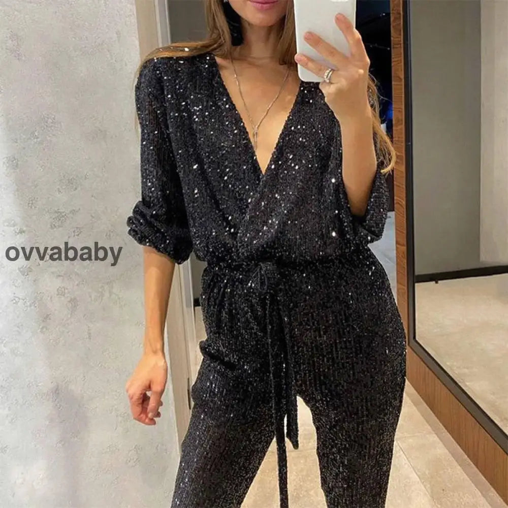 🌟Glitzernde Damen Jumpsuits mit V-Ausschnitt und Gürtel Zweiteilige Sets