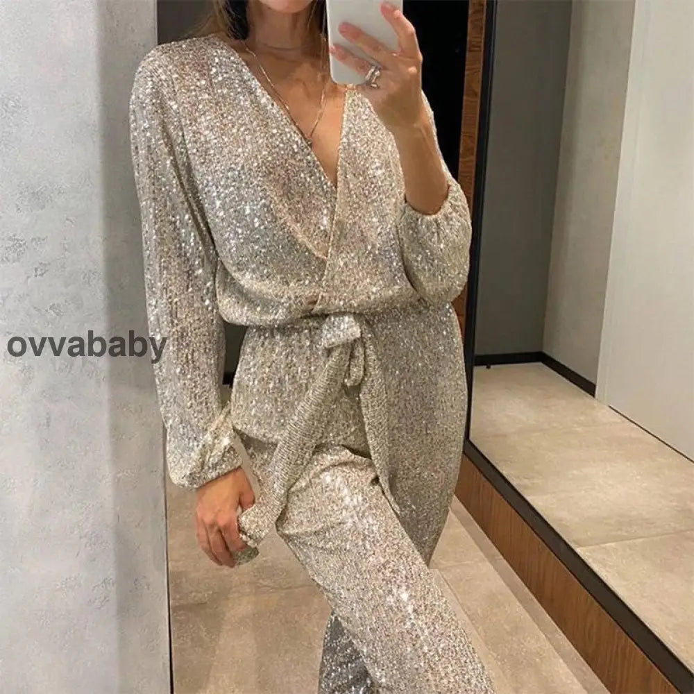 🌟Glitzernde Damen Jumpsuits mit V-Ausschnitt und Gürtel Zweiteilige Sets