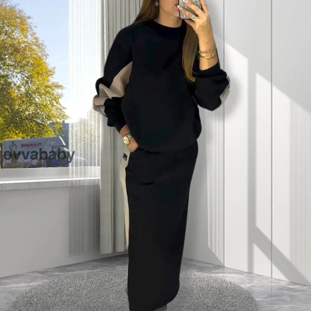 🎁Heiße Neuankömmlinge🥰Lockeres Colorblocking Set aus langärmeligem Oberteil und geteiltem Rock Zweiteilige Sets