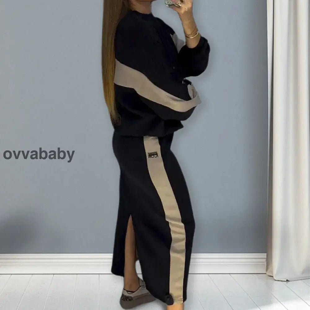 🎁Heiße Neuankömmlinge🥰Lockeres Colorblocking Set aus langärmeligem Oberteil und geteiltem Rock Zweiteilige Sets