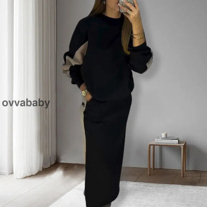 🎁Heiße Neuankömmlinge🥰Lockeres Colorblocking Set aus langärmeligem Oberteil und geteiltem Rock Zweiteilige Sets