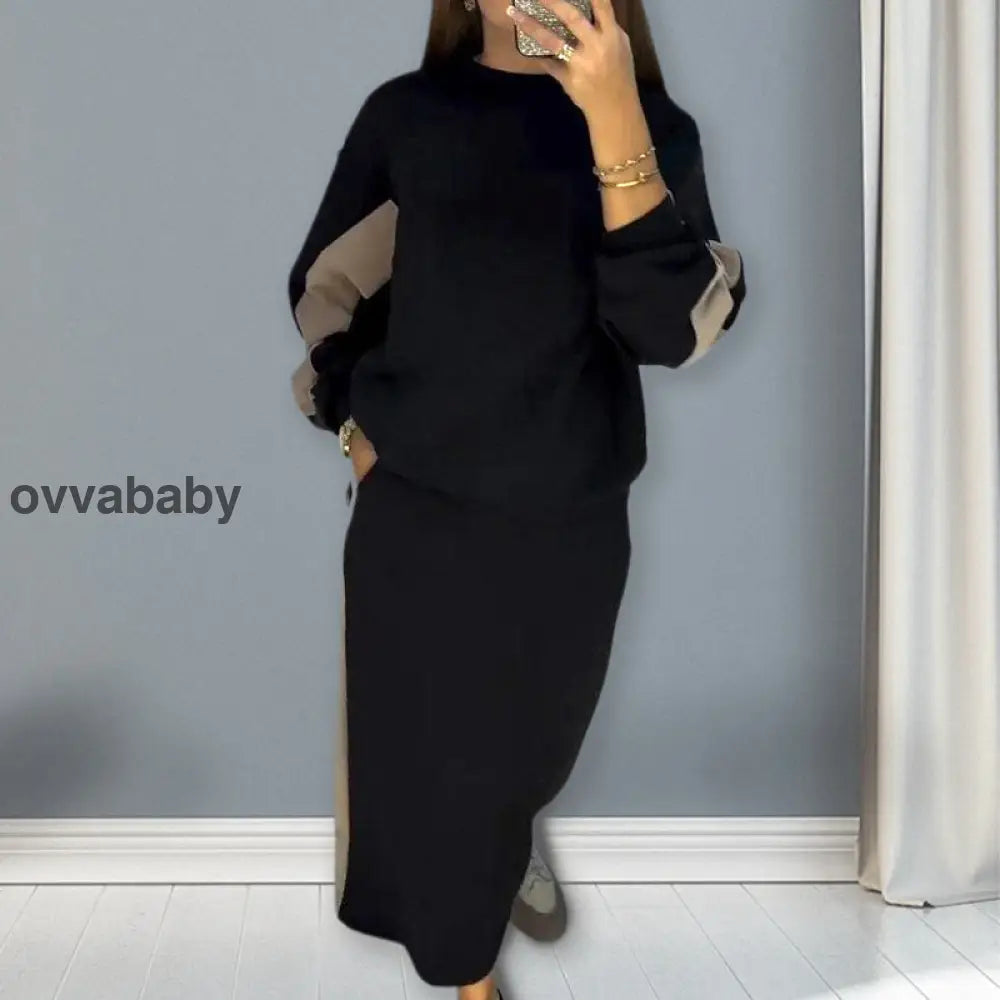 🎁Heiße Neuankömmlinge🥰Lockeres Colorblocking Set aus langärmeligem Oberteil und geteiltem Rock Zweiteilige Sets