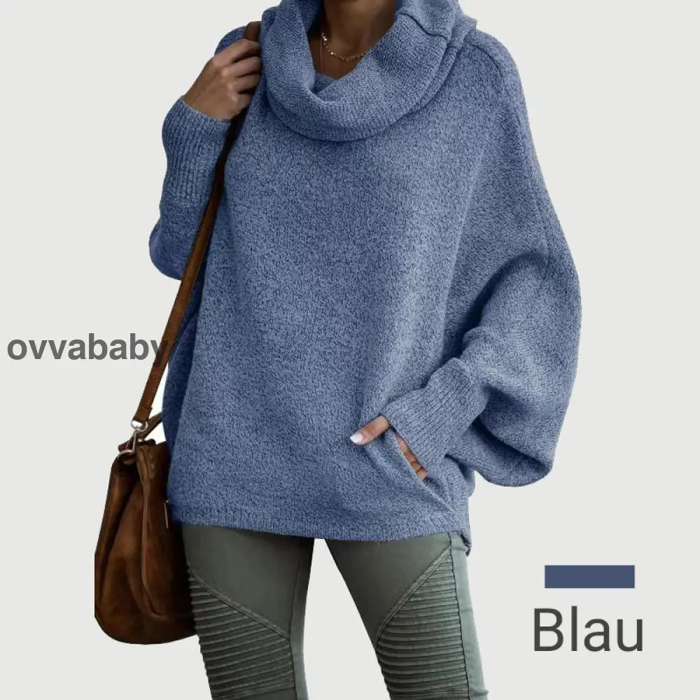🔥Herbstangebote 50% Rabatt🍂Damen Fledermausärmel Pullover mit Rollkragen und Taschen Blau / S Oberteile