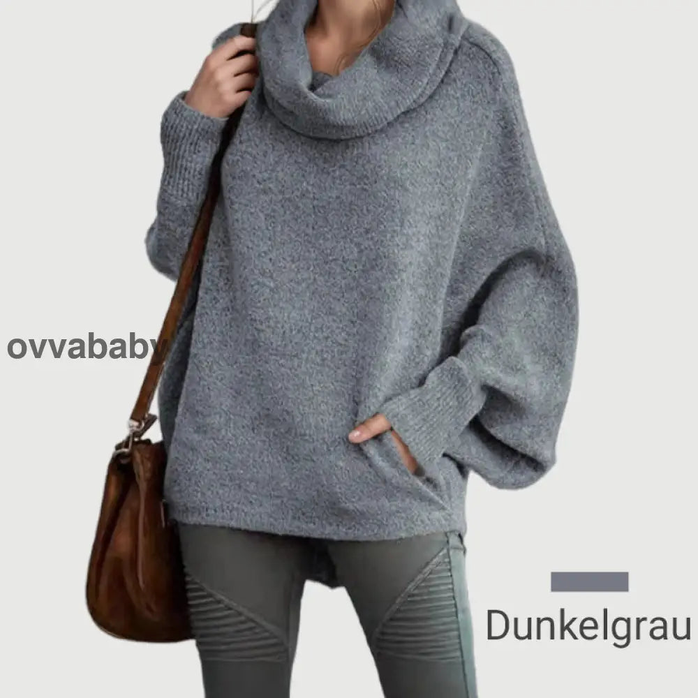 🔥Herbstangebote 50% Rabatt🍂Damen Fledermausärmel Pullover mit Rollkragen und Taschen Dunkelgrau / S Oberteile