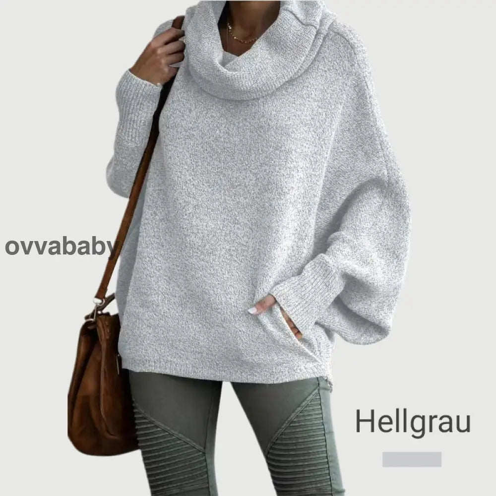 🔥Herbstangebote 50% Rabatt🍂Damen Fledermausärmel Pullover mit Rollkragen und Taschen Hellgrau / S Oberteile