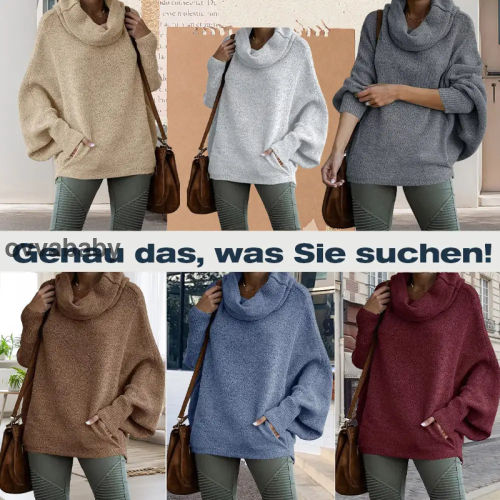 🔥Herbstangebote 50% Rabatt🍂Damen Fledermausärmel Pullover mit Rollkragen und Taschen Oberteile