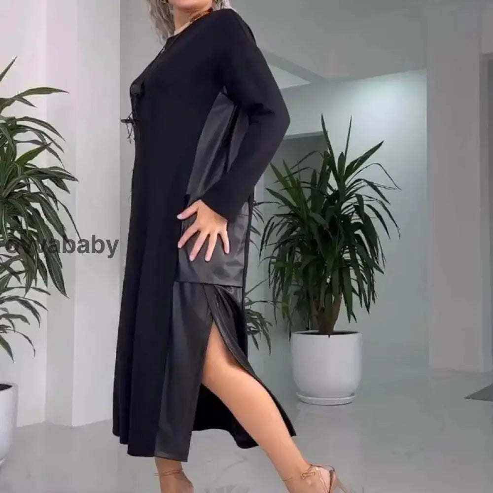 💥Hot Sale-49% Off💥Women’s Casual Loose Leather Patchwork Dress with Pockets Black / S (UK 6-8) Kleider