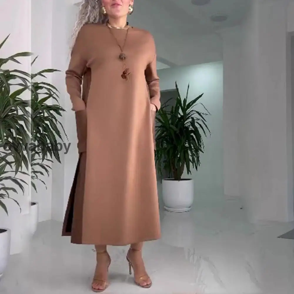 💥Hot Sale-49% Off💥Women’s Casual Loose Leather Patchwork Dress with Pockets Caramel / S (UK 6-8) Kleider