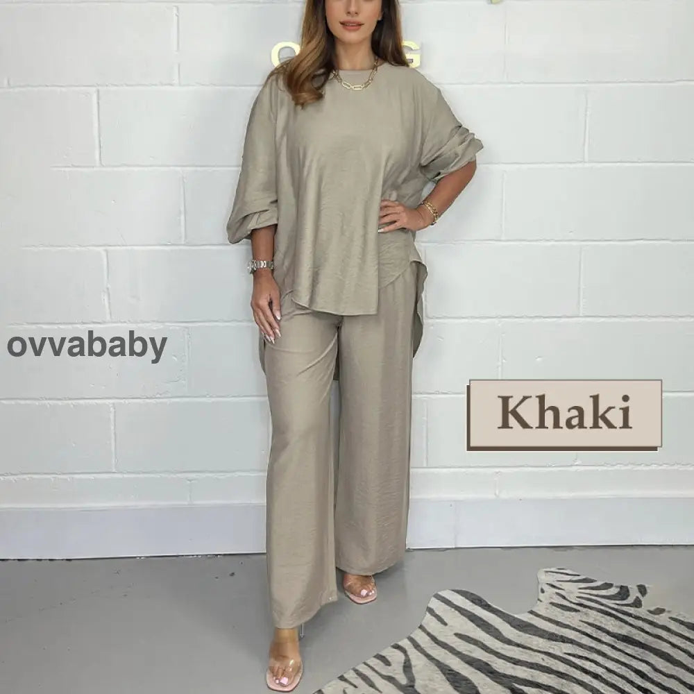 💞Langärmelige Hosen mit hoher Taille und weitem Bein für Frauen Anzug Khaki / M（EU 38-40) Hosen