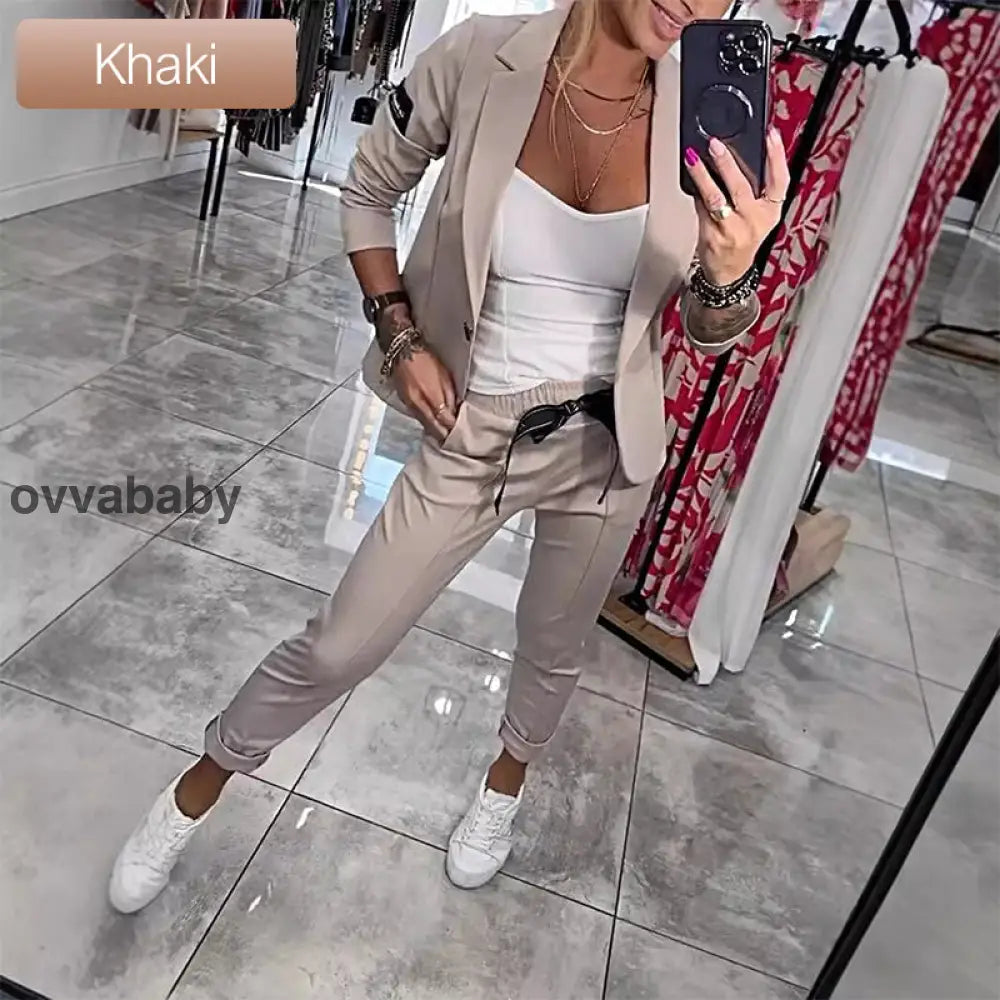 🌺Letzter Tag Verkauf 50% Rabatt🌺2-teiliges Set aus lässiger Anzugjacke und Hose für Damen Khaki / S/EU 36 Zweiteilige
