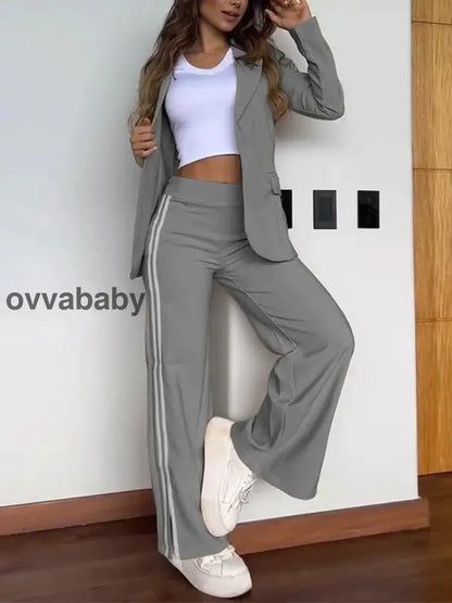 Outfit-Set für Damen: Lässiger Blazer mit Reverskragen und Hose mit weitem Bein Dunkelgrau / S（EU 36） Zweiteilige Sets