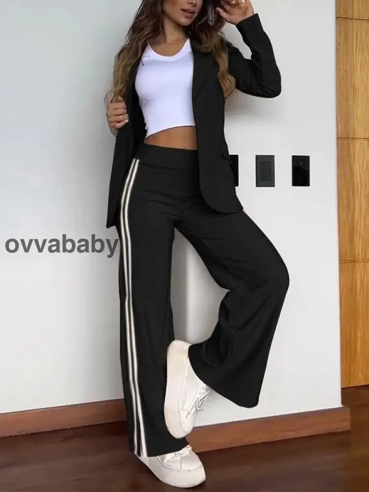 Outfit-Set für Damen: Lässiger Blazer mit Reverskragen und Hose mit weitem Bein Schwarz / S（EU 36） Zweiteilige Sets