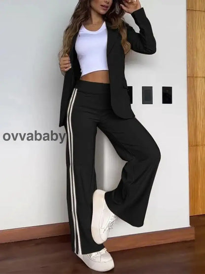 Outfit-Set für Damen: Lässiger Blazer mit Reverskragen und Hose mit weitem Bein Schwarz / S（EU 36） Zweiteilige Sets