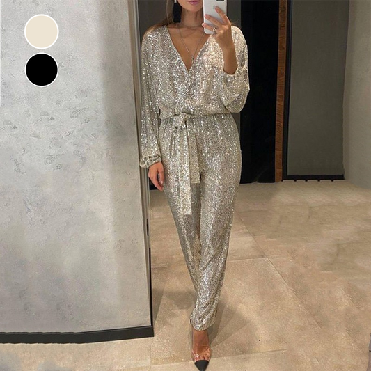 🌟Glitzernde Damen Jumpsuits mit V-Ausschnitt und Gürtel