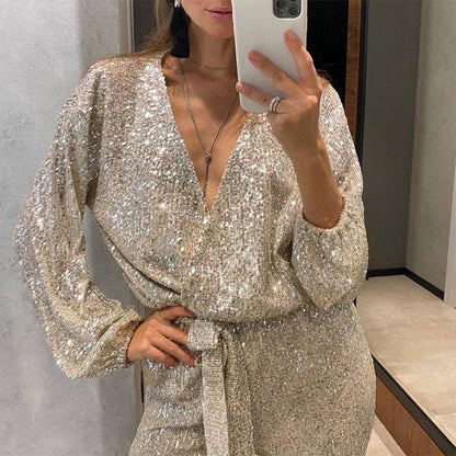 🌟Glitzernde Damen Jumpsuits mit V-Ausschnitt und Gürtel