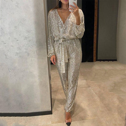 🌟Glitzernde Damen Jumpsuits mit V-Ausschnitt und Gürtel