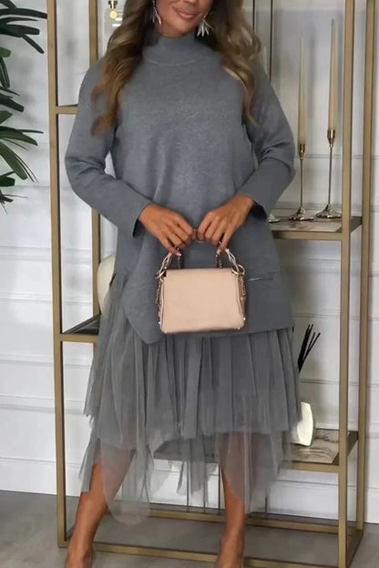 🎅Weihnachtsaktion💖 Einfarbiges Patchwork-Kleid aus Strick für lässige Frauen