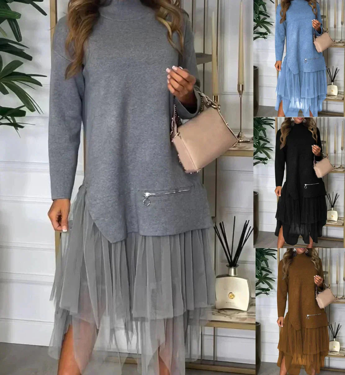🎅Weihnachtsaktion💖 Einfarbiges Patchwork-Kleid aus Strick für lässige Frauen