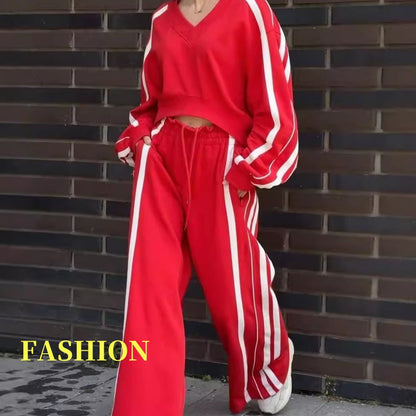 2-teiliges Set: Sweatshirt mit V-Ausschnitt und Hose mit weitem Bein