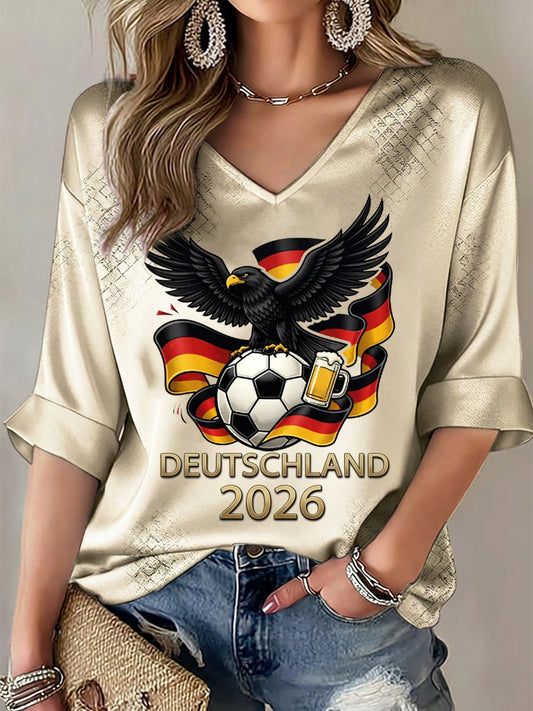 Damen deutscher Fußball-Liebhaber bedruckt mittellange Ärmel mit V-Ausschnitt T-Shirt