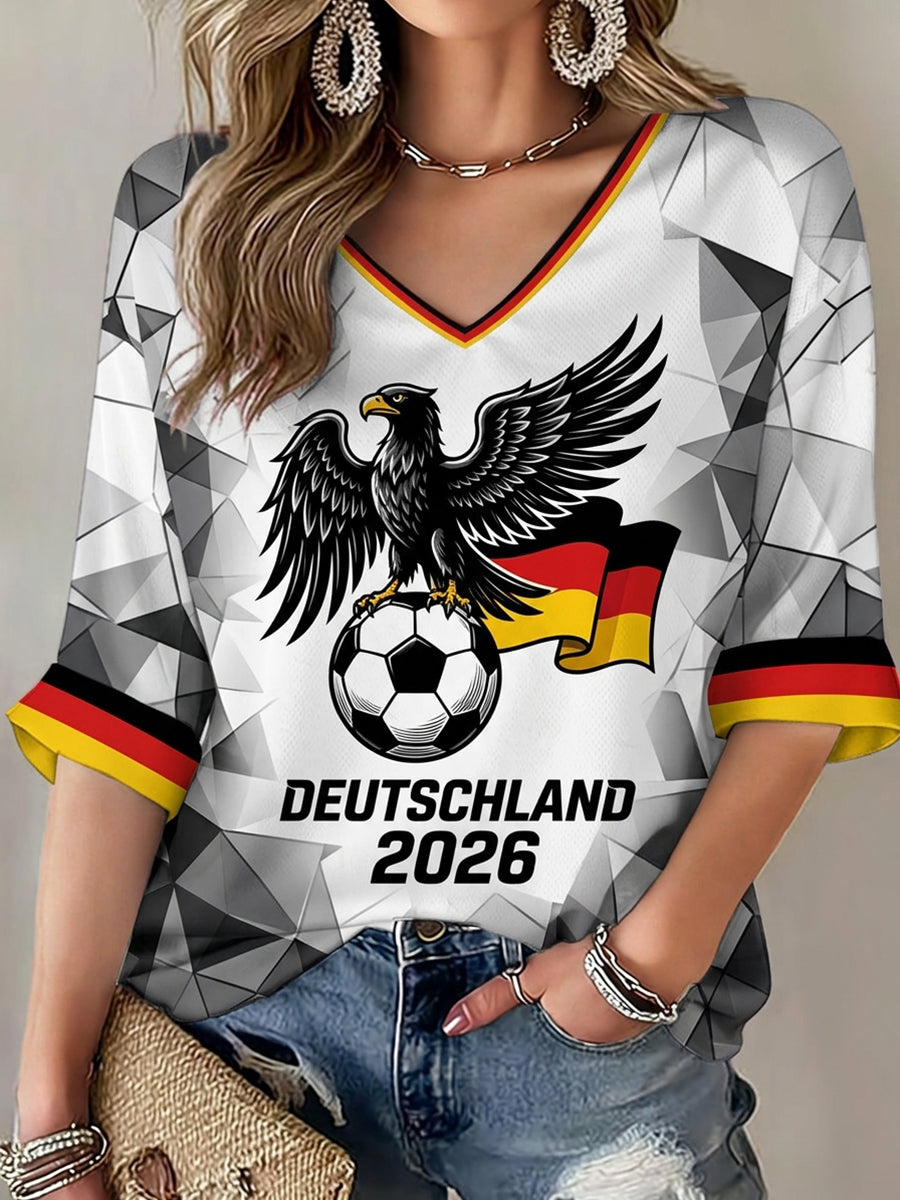 Frauen-T-Shirt mit deutschem Fußballmotiv, mittellangen Ärmeln und V-Ausschnitt