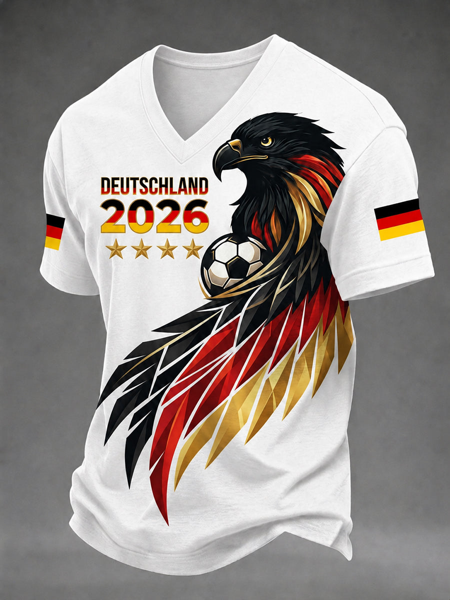Herren-T-Shirt mit V-Ausschnitt und Fußballmotiv für deutsche Fans