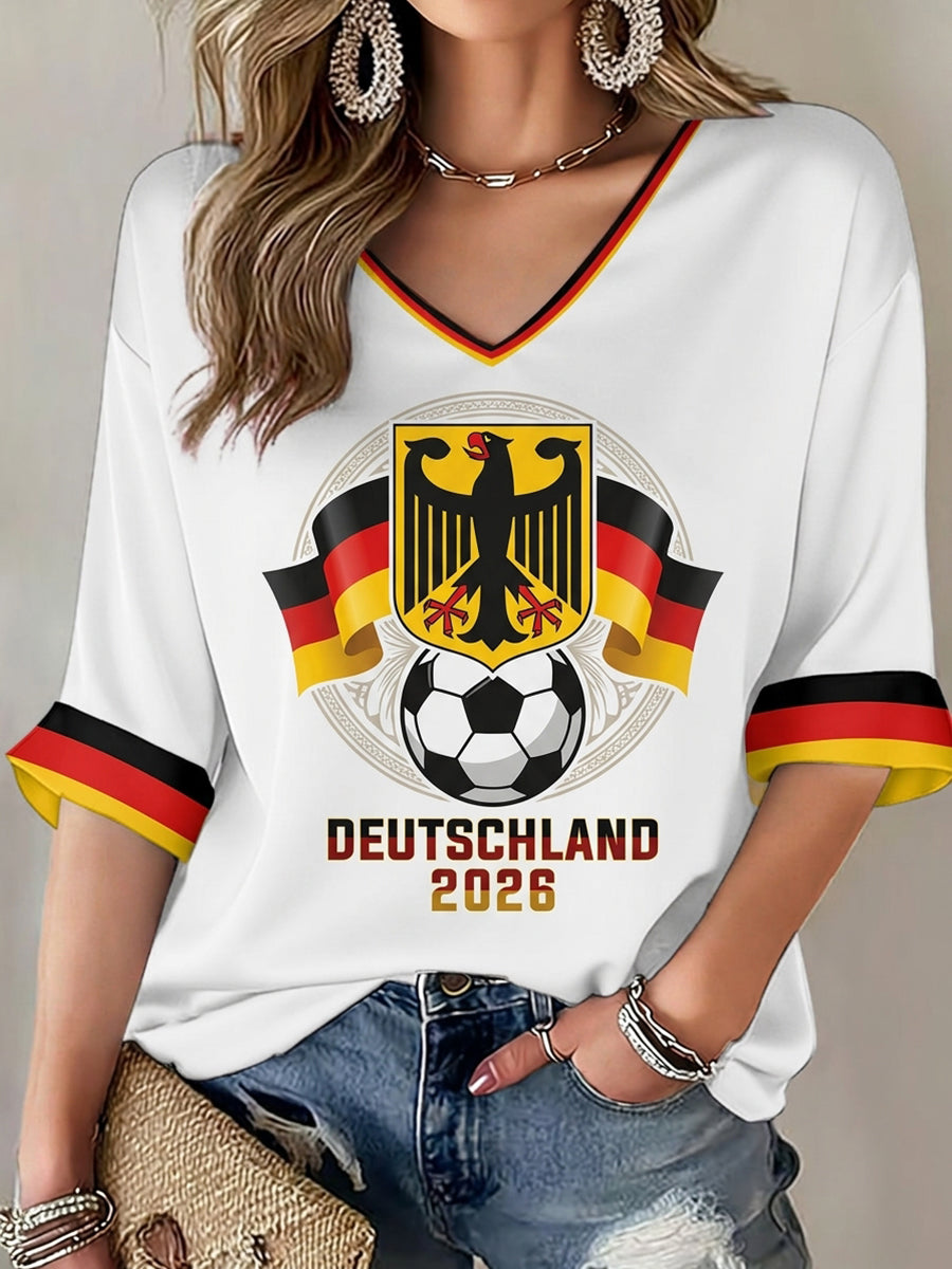 Frauen-T-Shirt mit deutschem Fußballmotiv, mittellangen Ärmeln und V-Ausschnitt