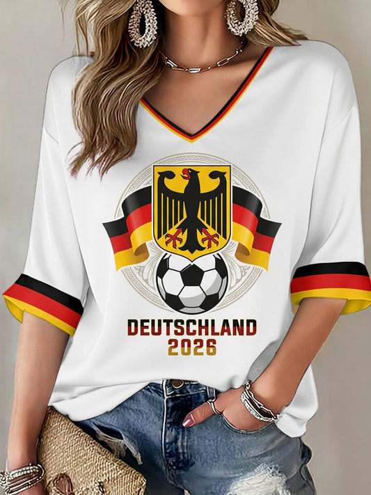 Frauen-T-Shirt mit deutschem Fußballmotiv, mittellangen Ärmeln und V-Ausschnitt