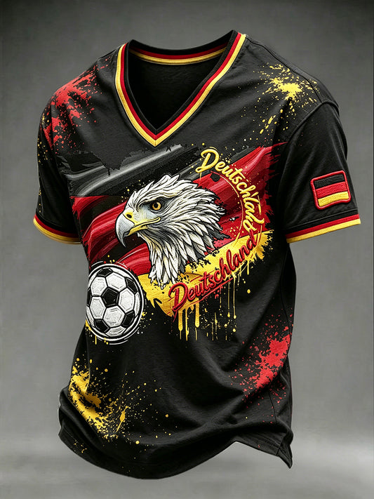 Herren-T-Shirt in Schwarz mit V-Ausschnitt, deutsches Fußball-Eagles-Print, lässig