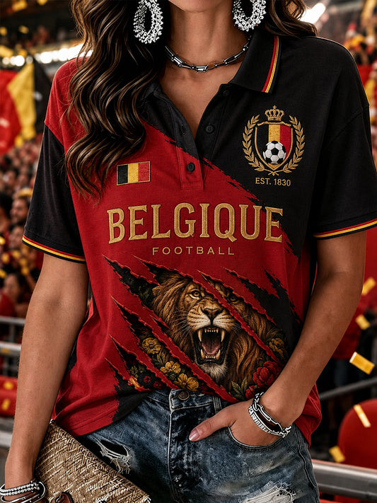 Damen-Poloshirt mit kurzen Ärmeln und Fußball-Print