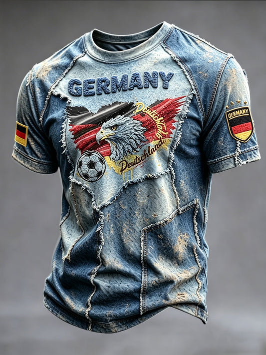 Herren-T-Shirt mit deutscher Flagge, Adler-Design, im Retro-Stil, aus Denim-Patchwork und lässigem Print
