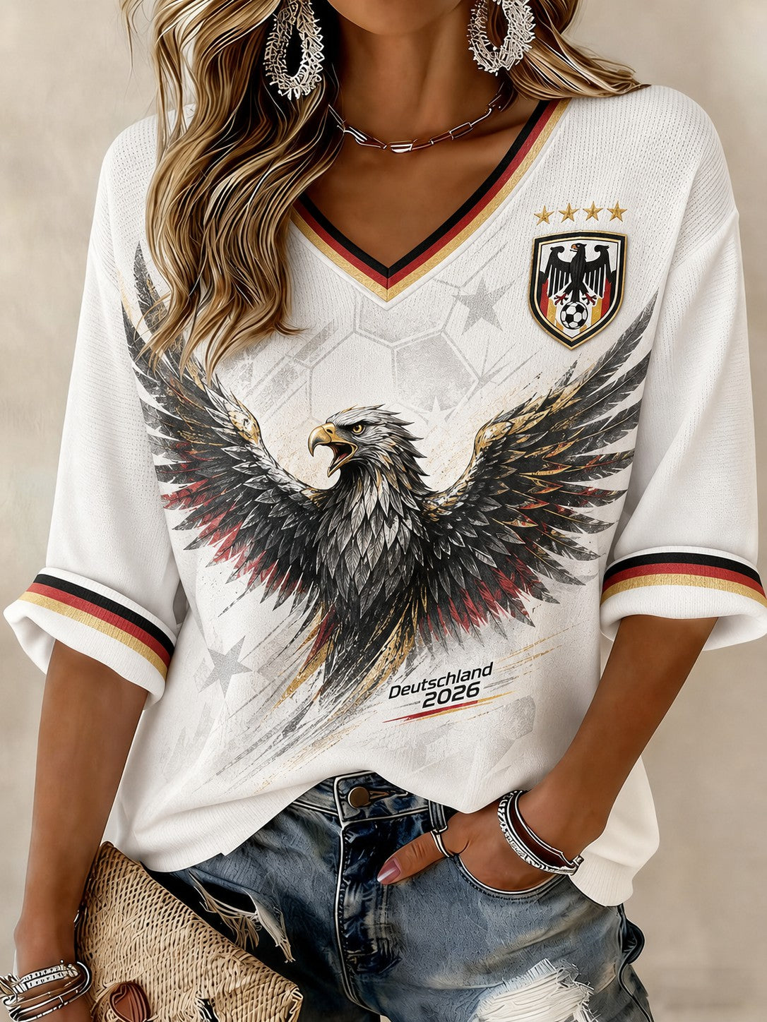 Damen T-Shirt mit V-Ausschnitt, Mittellänge, Deutschland, Fußball, bedruckt