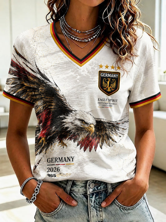Damen-Fußball-T-Shirt aus Deutschland mit V-Ausschnitt und Aufdruck