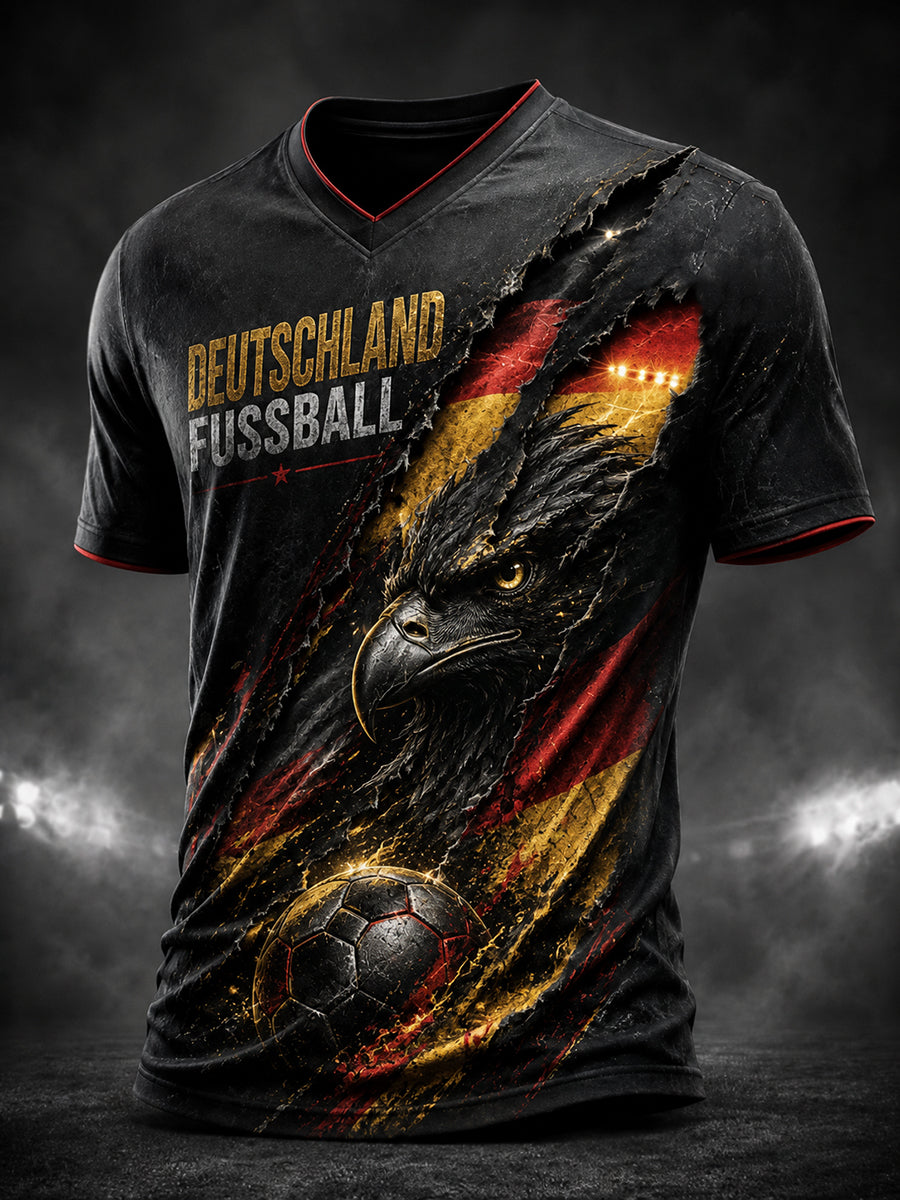 Herren Deutschland Adler Fußball Bedrucktes T-Shirt mit V-Ausschnitt