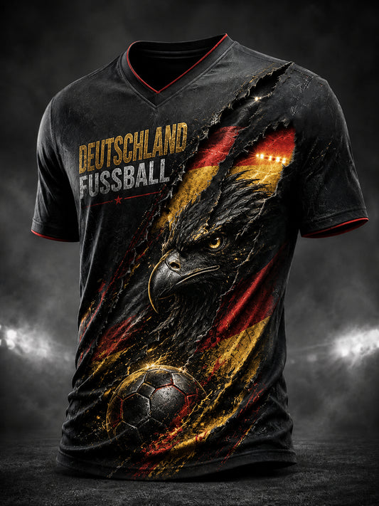 Herren Deutschland Adler Fußball Bedrucktes T-Shirt mit V-Ausschnitt
