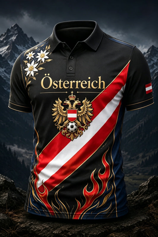 Herren-Poloshirt mit Kunstdruck zum Anfeuern bei österreichischen Fußballspielen