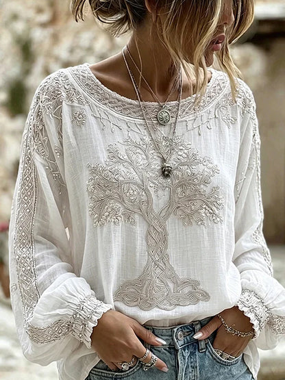 Damen-Vintage-Blumen-Kunstdruck Lässiges Baumwoll-Leinen-Top