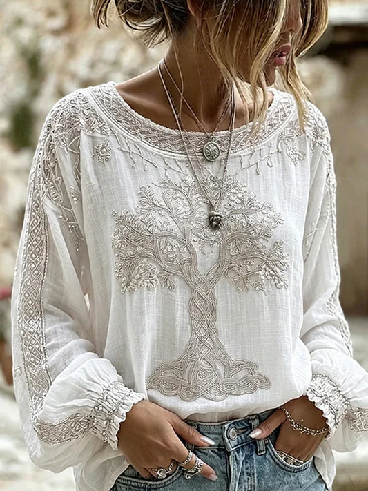 Damen-Vintage-Blumen-Kunstdruck Lässiges Baumwoll-Leinen-Top