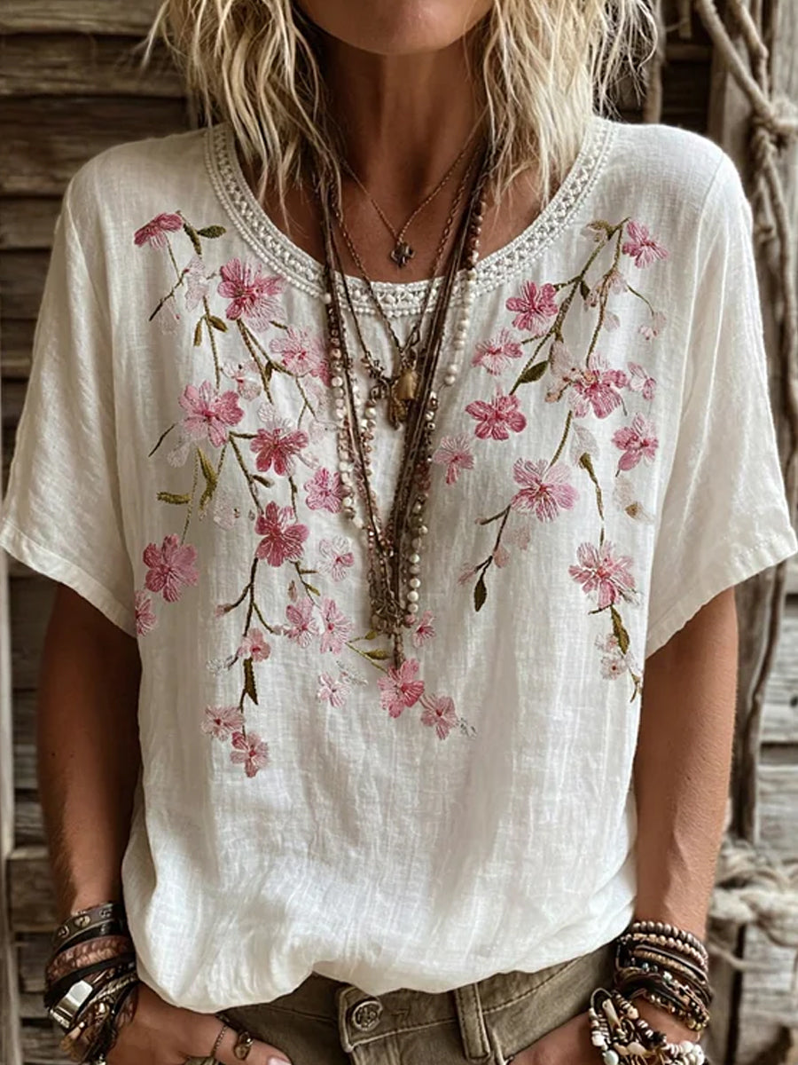 Damen-Top aus Baumwolle-Leinen im Vintage-Look mit floraler Kunstprint-Optik