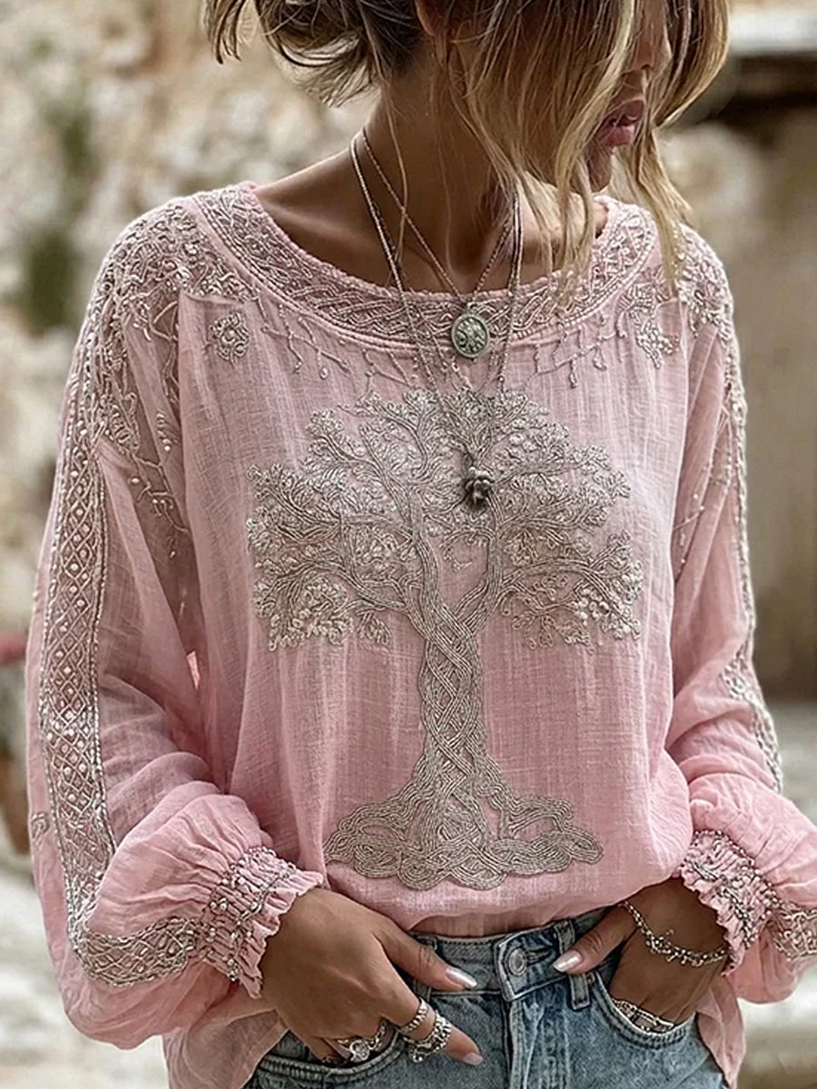 Damen-Vintage-Blumen-Kunstdruck Lässiges Baumwoll-Leinen-Top