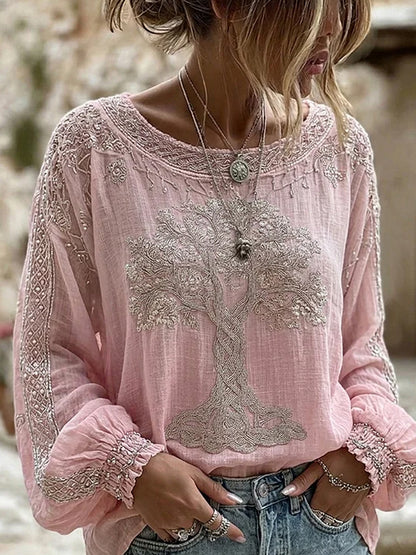 Damen-Vintage-Blumen-Kunstdruck Lässiges Baumwoll-Leinen-Top