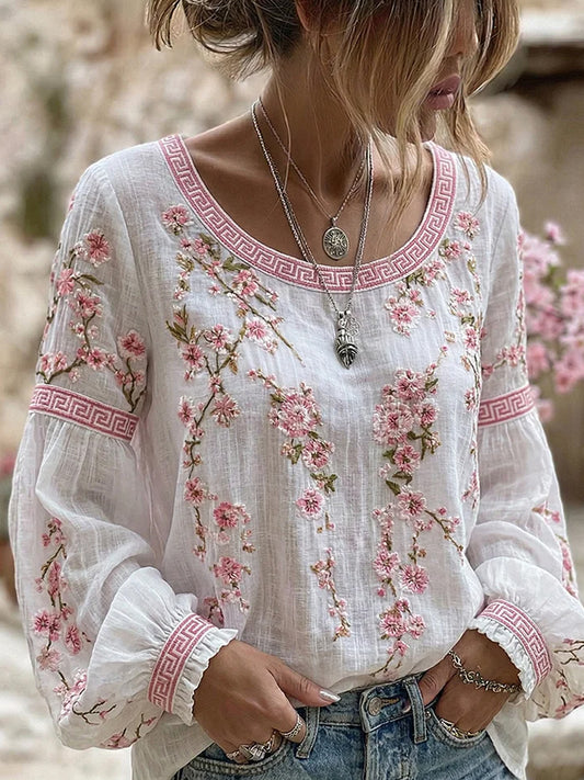 Damen-Vintage-Style-lässiges Baumwoll-Leinen-Top mit gestickten Blumen und bedruckten Patchwork