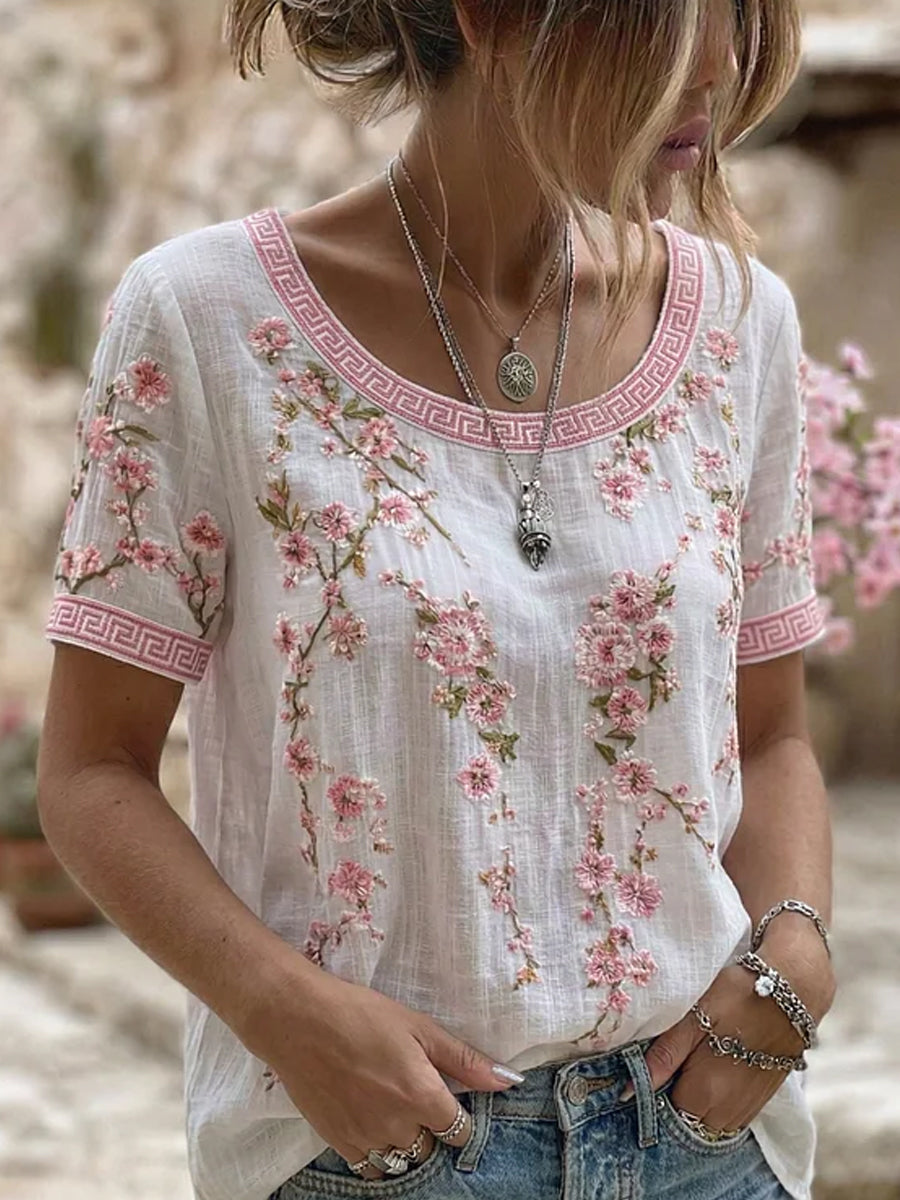 Retro-Blumen-Kunstdruck Lässiges Baumwoll-Leinen-T-Shirt