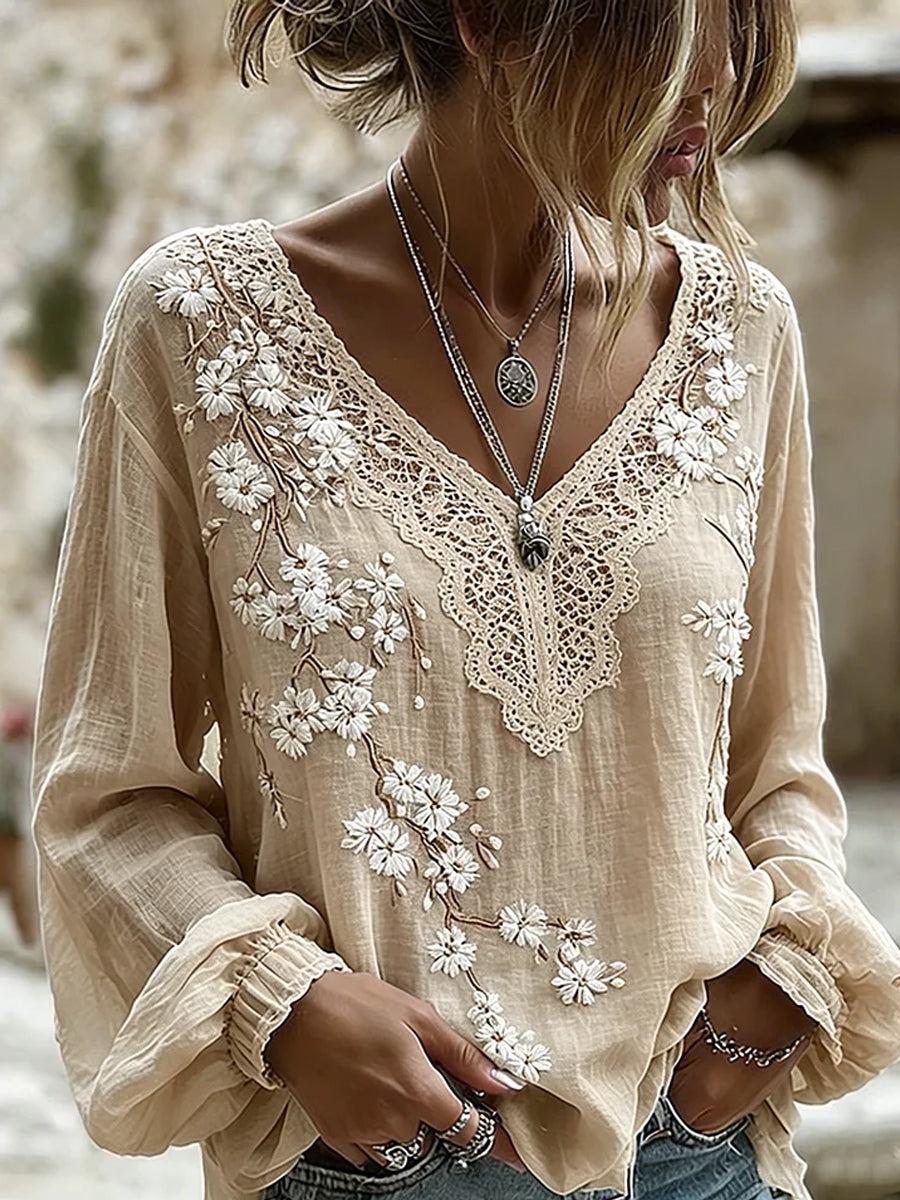 Damen-Top im Vintage-Stil aus Baumwolle und Leinen, mit bestickten Blumen und bedrucktem Patchwork