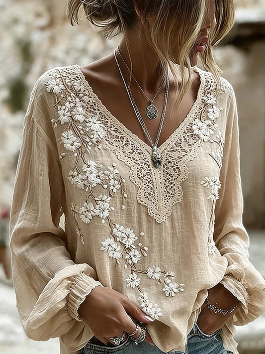 Damen-Top im Vintage-Stil aus Baumwolle und Leinen, mit bestickten Blumen und bedrucktem Patchwork