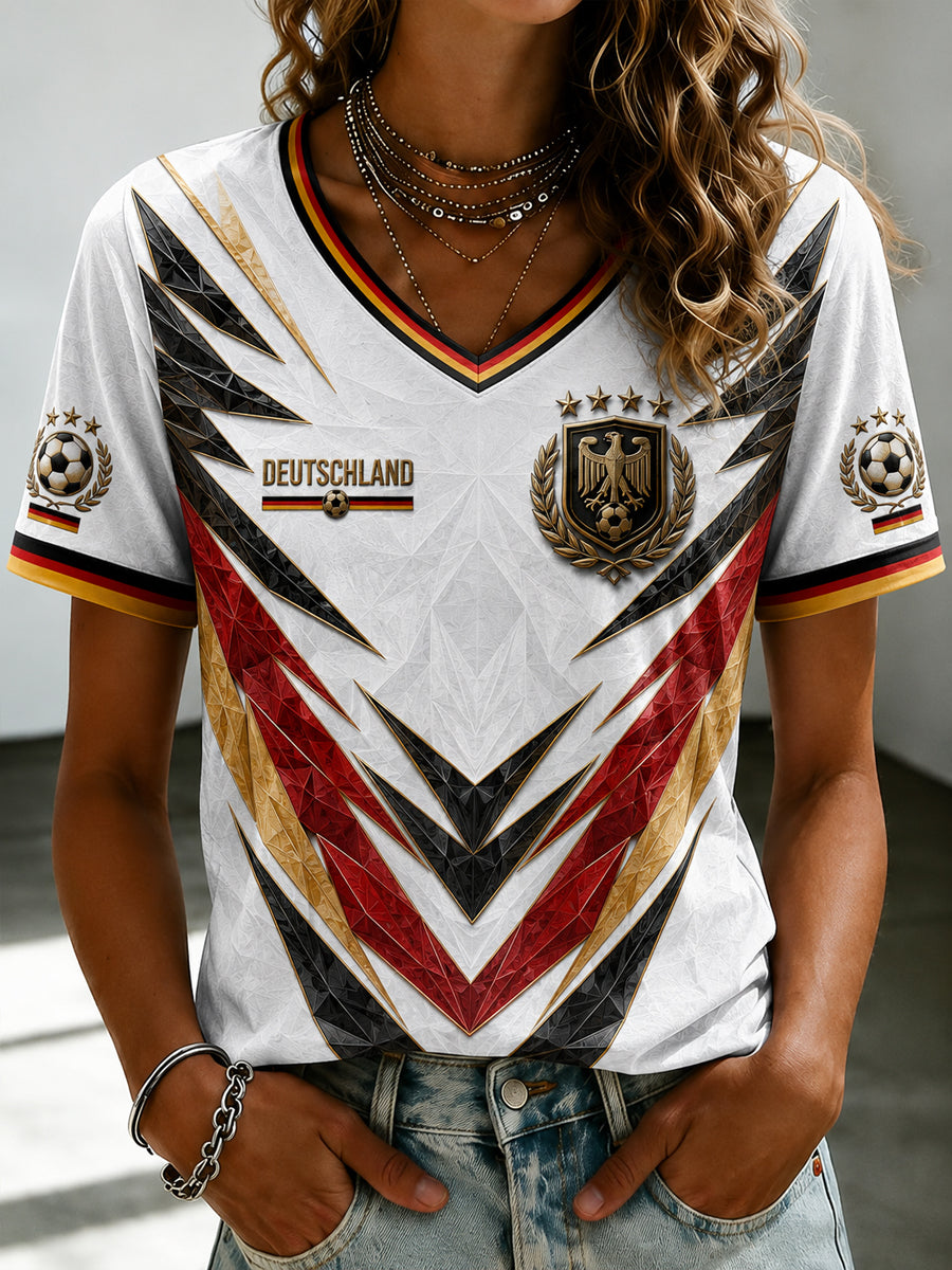 Damen-Fußballfan-T-Shirt mit Deutschland-Print und V-Ausschnitt